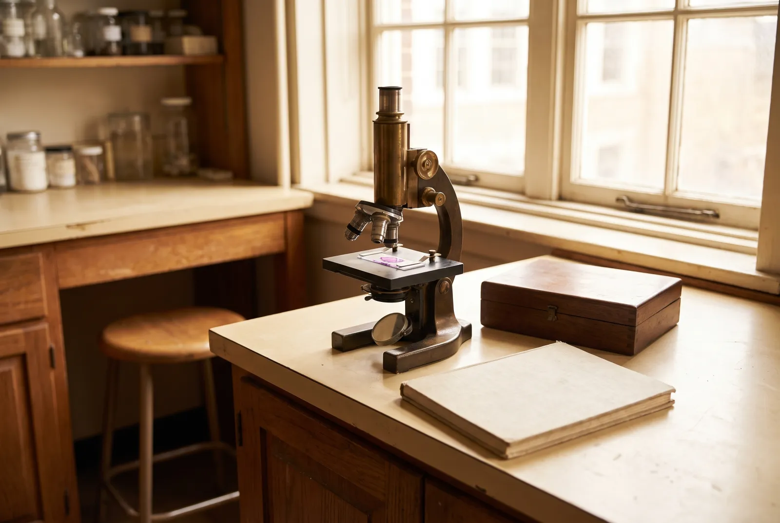 AI-generated illustration of a light microscope with a stained tissue slide on a laboratory bench