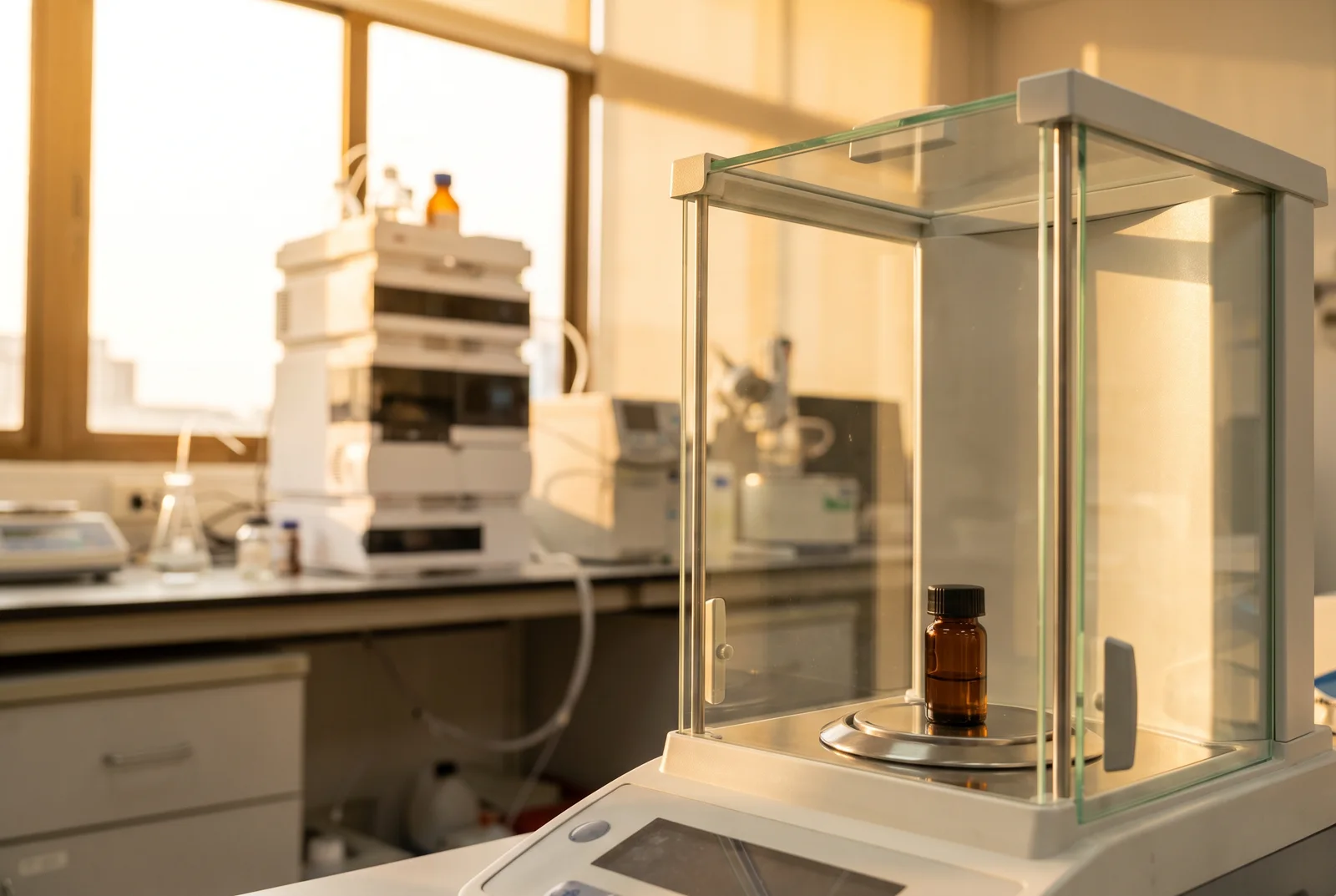 An unbranded capped sample container inside an analytical balance, with laboratory instruments behind it