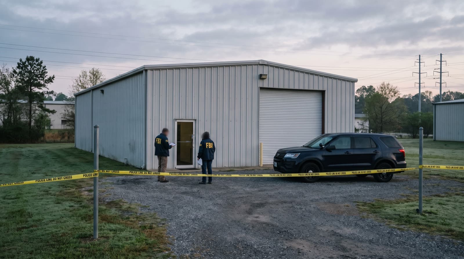 Illustration of FBI agents outside a taped-off metal warehouse