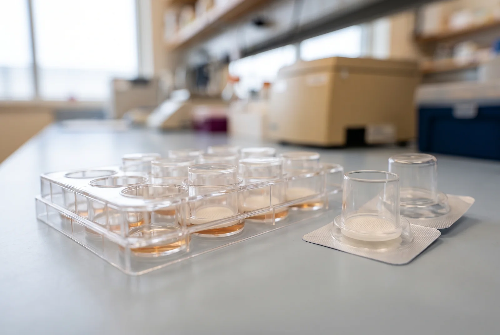 AI-generated illustration of transparent membrane inserts beside a multiwell culture plate on a laboratory bench