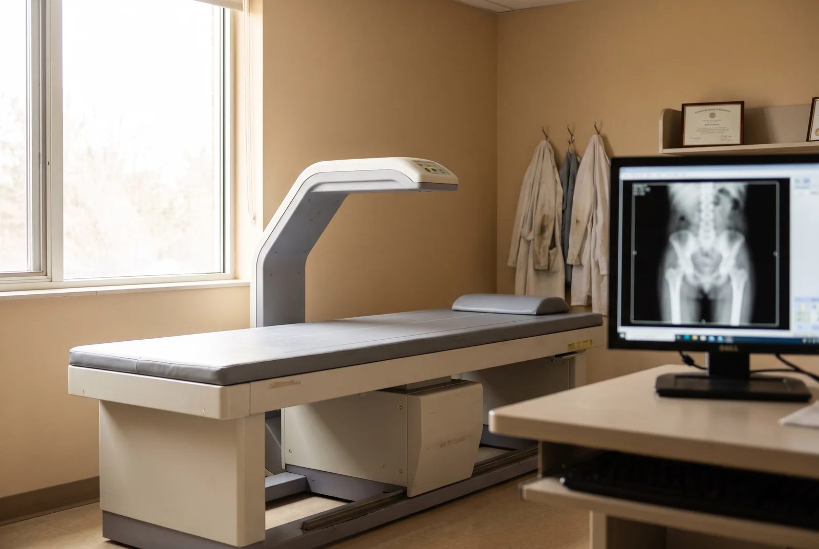 AI-generated illustration of an empty DXA bone density scanning room with a scanner table and monitor