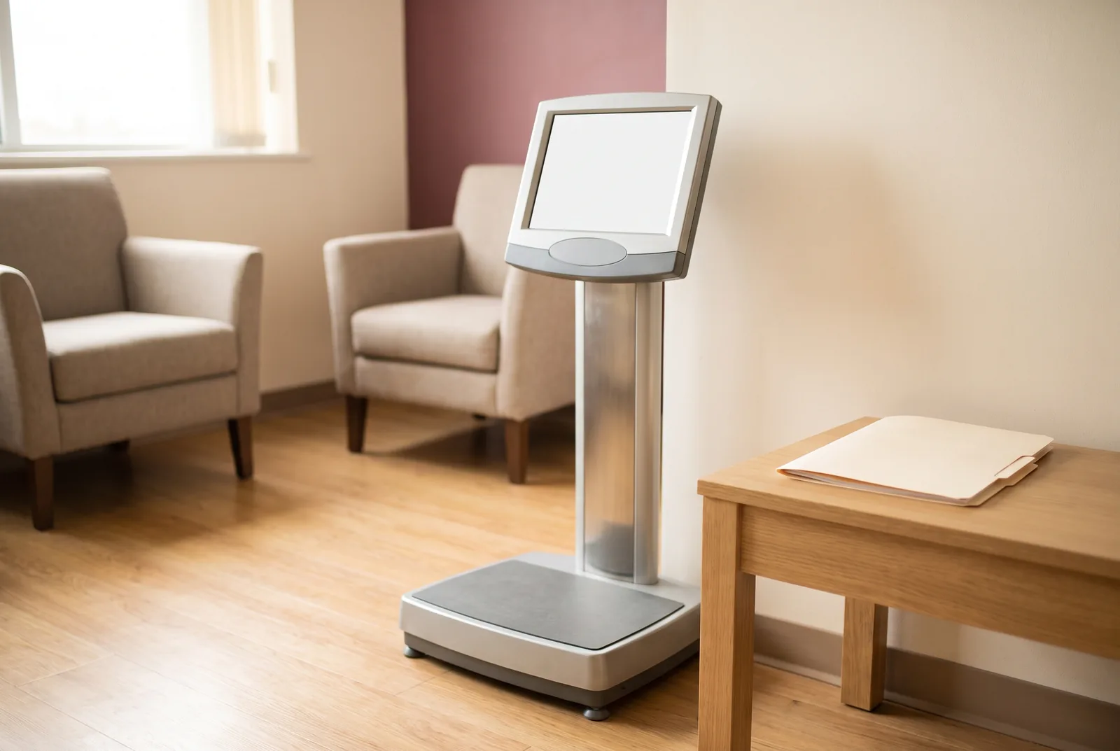 AI-generated illustration of a weighing scale and study folder in an empty fictional research assessment room