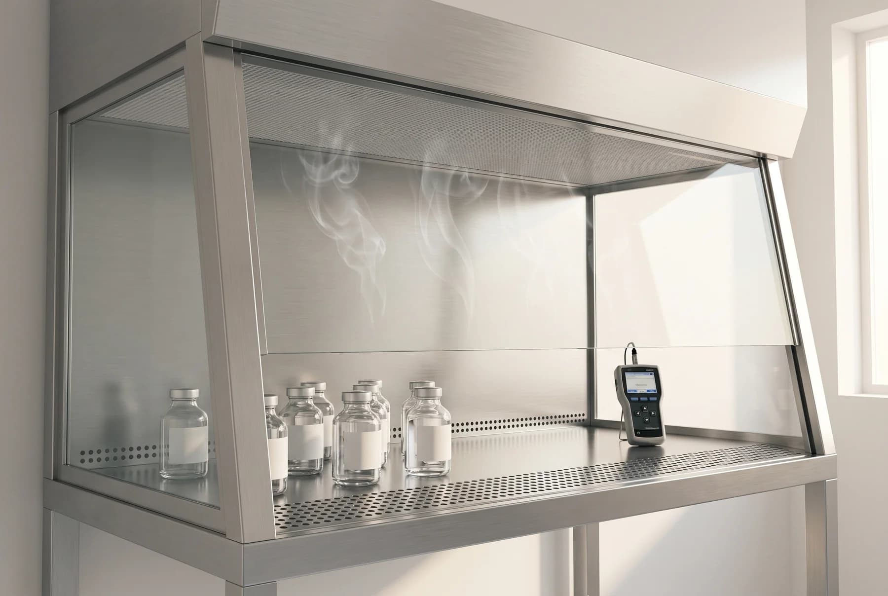 Conceptual illustration of an aseptic workspace with blank containers and an airflow instrument
