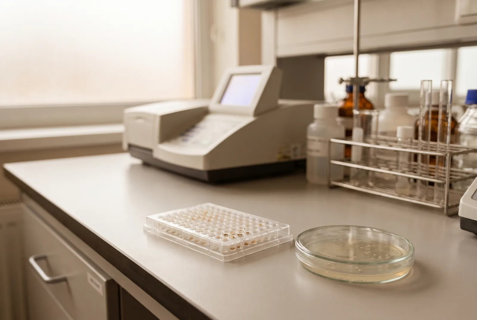 AI-generated illustration of a multiwell assay plate and culture dish beside a laboratory microplate reader