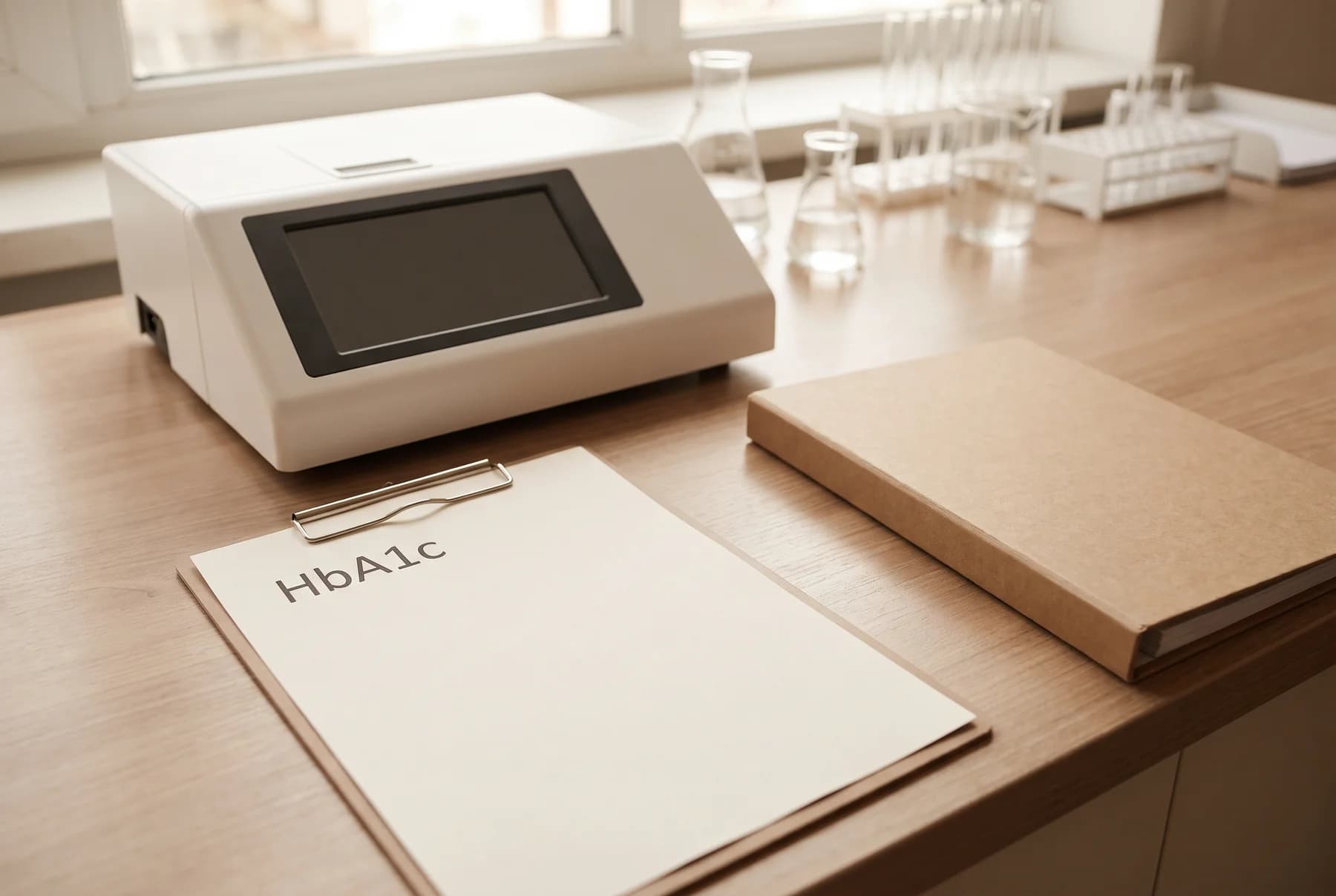 Illustration of an unbranded benchtop analyzer beside a blank worksheet headed HbA1c and a closed study binder