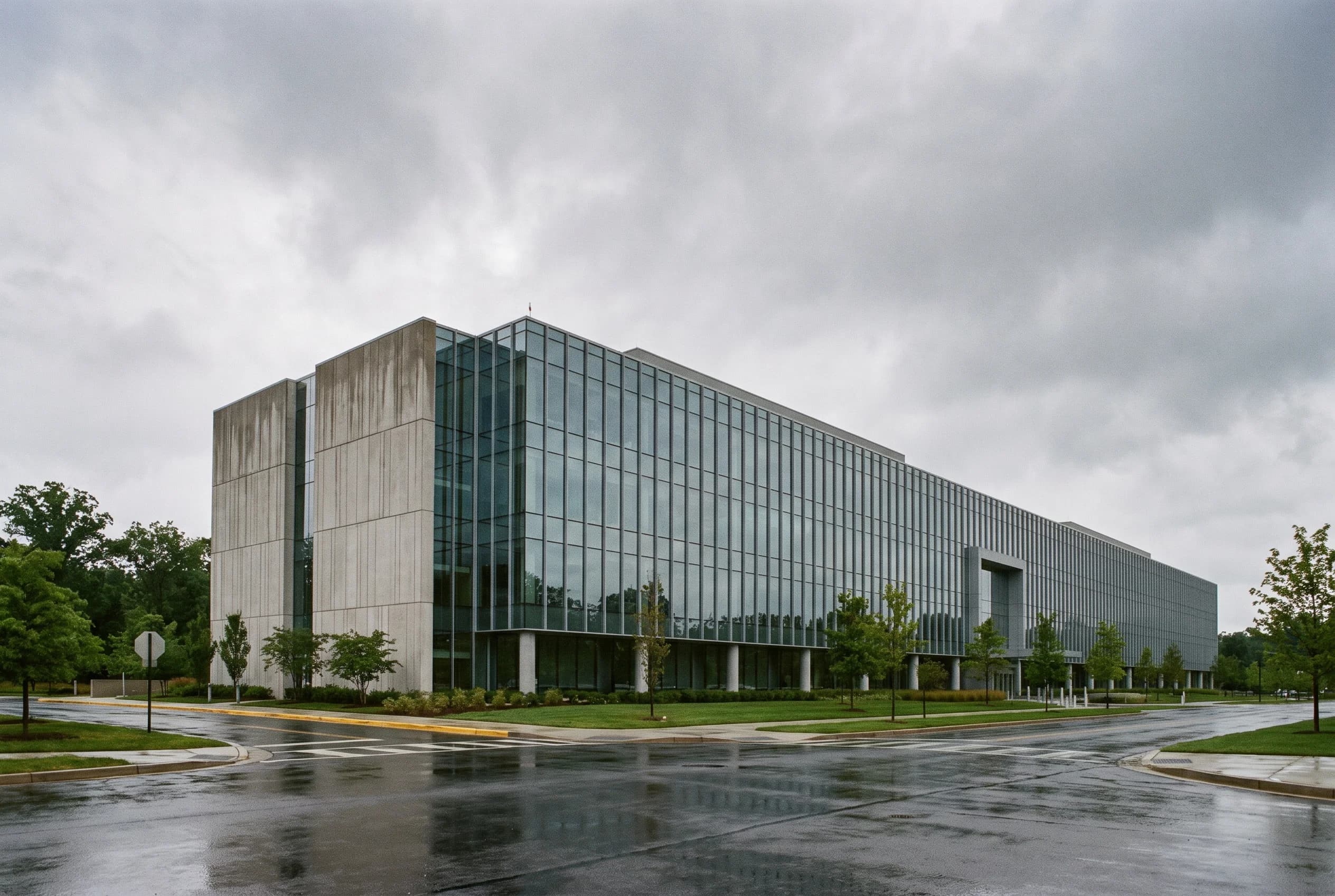 A modern glass and concrete federal government campus building exterior on an overcast day