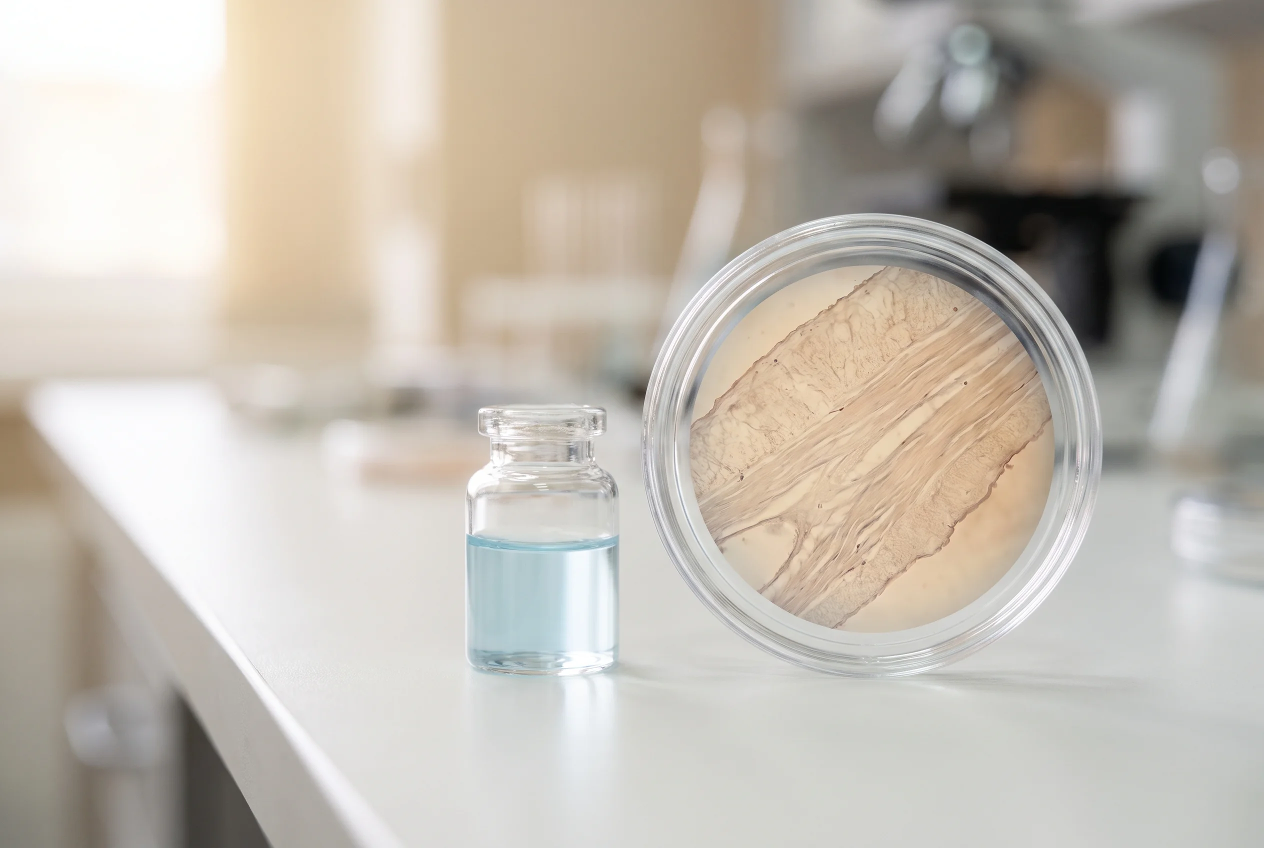 An unlabeled clear glass research vial containing pale blue solution beside a petri dish showing a tissue cross-section with dense collagen-like fibers on a white laboratory bench