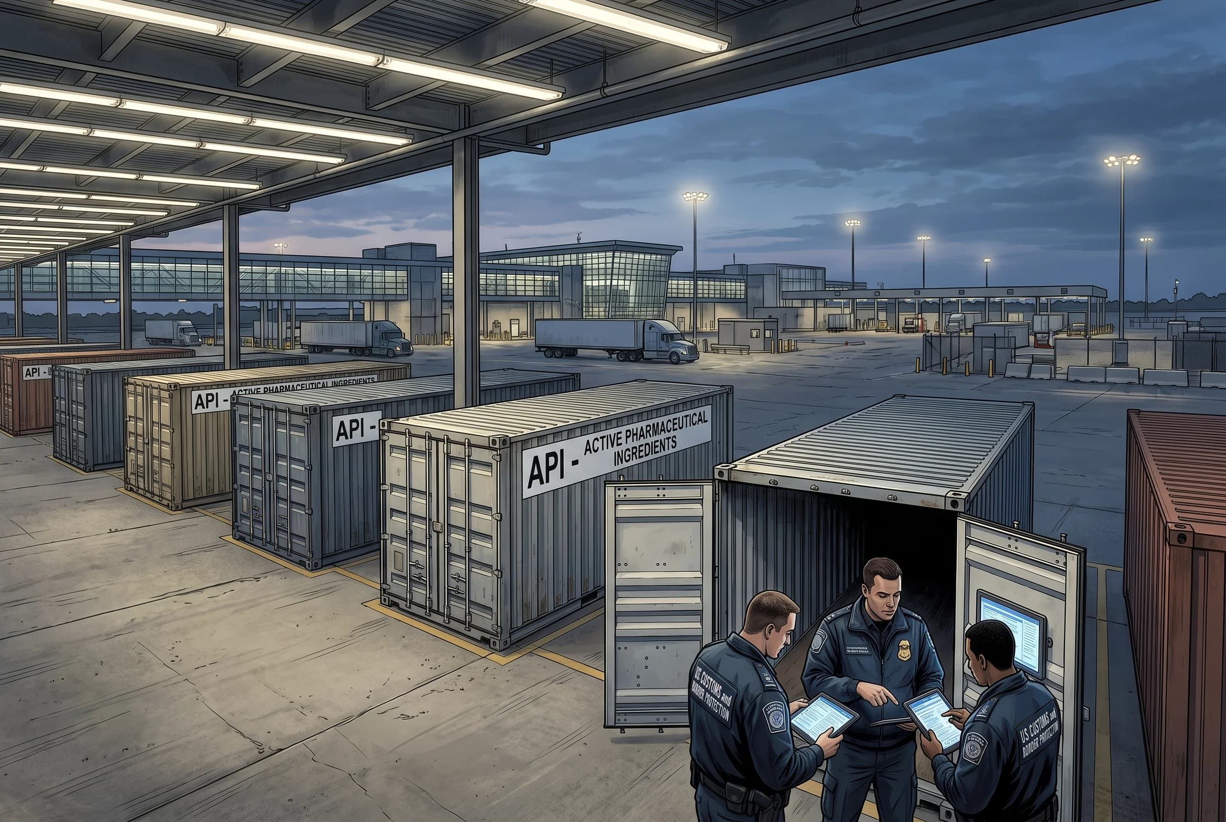 US Customs and Border Protection officers reviewing tablets beside sealed shipping containers marked API — Active Pharmaceutical Ingredients at a dusk port-of-entry facility