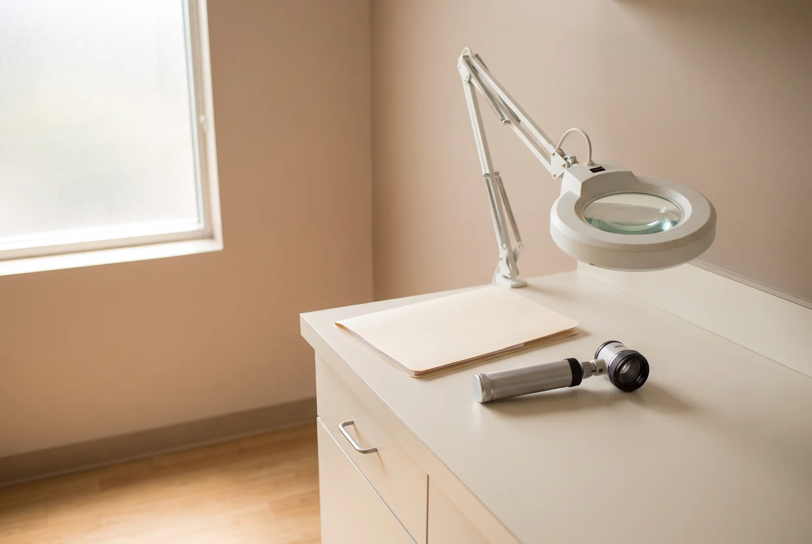 AI-generated illustration of a dermatoscope and closed blank file in an empty fictional dermatology room