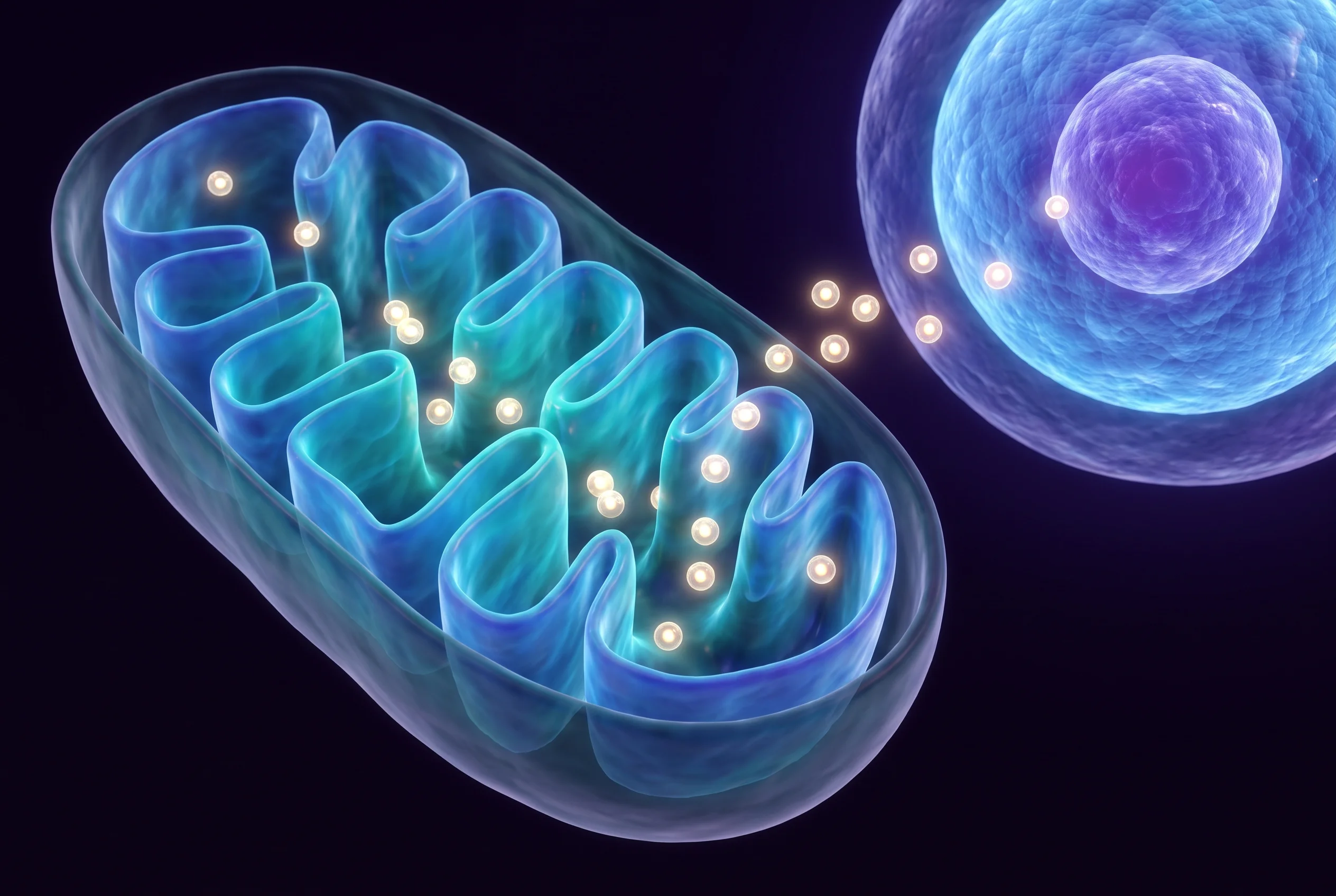 Scientific illustration of a mitochondrion with glowing inner membranes and luminous peptide molecules traveling toward a cell nucleus
