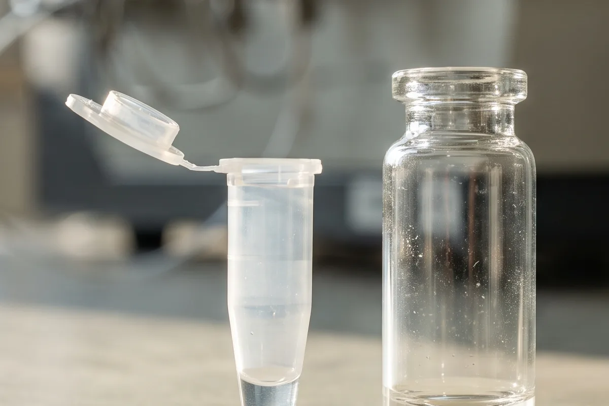 Conceptual close view of an open plastic laboratory tube and a glass vial showing their container walls