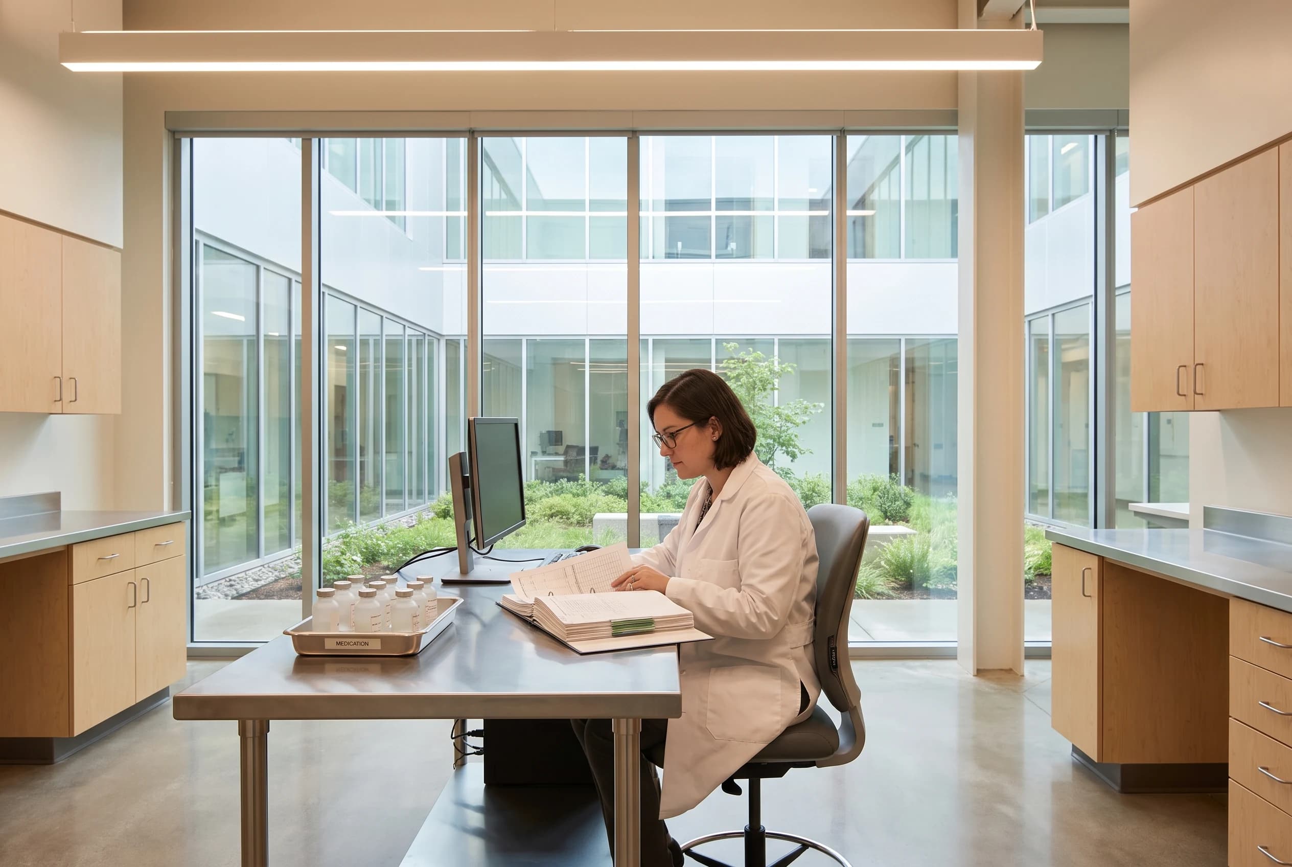 Researcher in a white lab coat reviewing a clinical data binder at a stainless desk in a modern facility with large windows