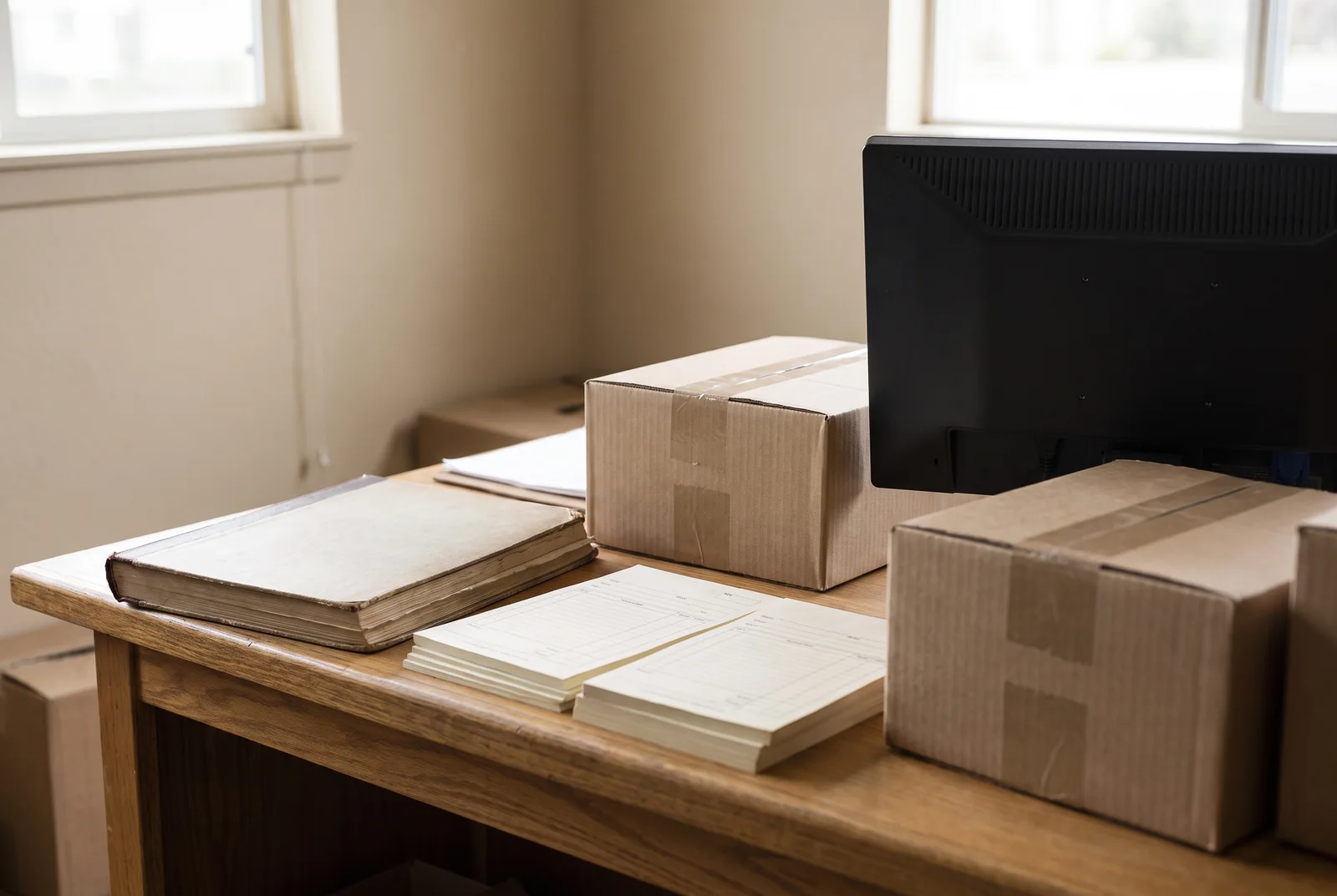 Unbranded shipping parcels, a closed ledger and transaction papers on an empty packing counter