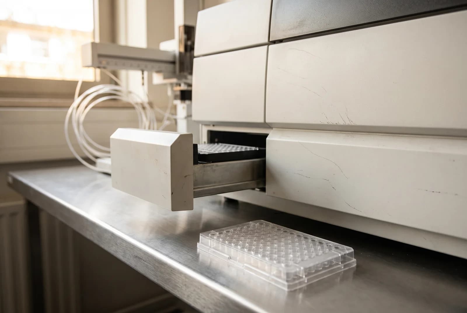 AI-generated illustration of unbranded laboratory equipment and a clear multiwell plate on a bench